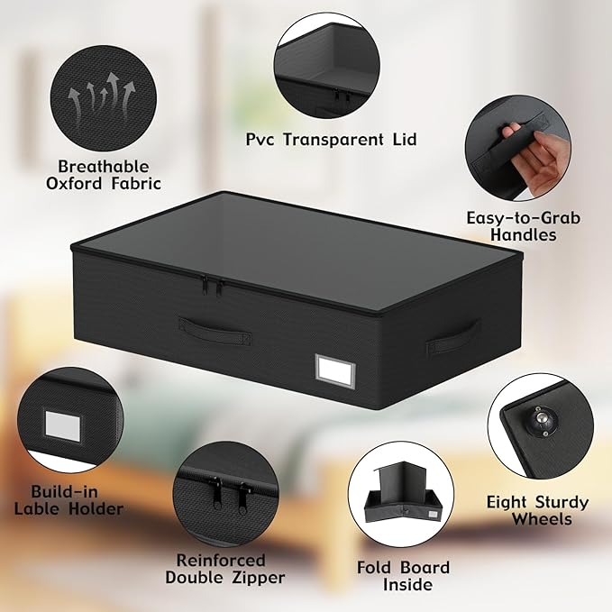 EE-RoomWorld Underbed Storage Bins with Wheels, No Assembly Required - 7.5 inch height Black Large Capacity Rolling Underbed Containers for Shoes, Dorm under bed storage drawers