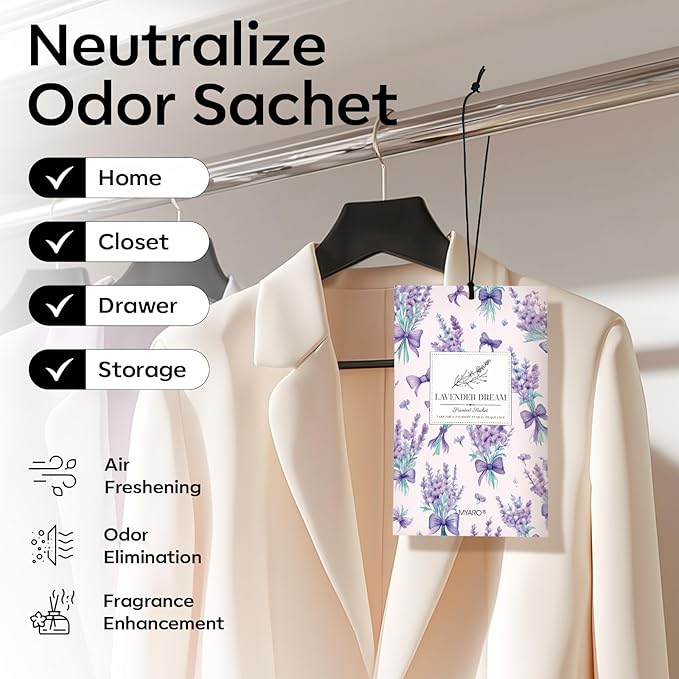 MYARO 20 Pack Lavender Scented Sachets - Drawer & Closet Air Freshener Bags, Natural Odor Eliminator for Car, Home, Bedroom, Office & Travel