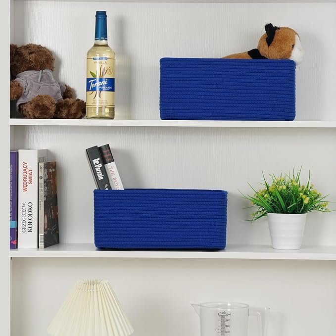 3-Pack Small Storage Baskets for Organizing | Woven Shelf Toy Basket | Rope Baskets for Gifts Empty | Closet Organizer Bins with Handles | Cube Decorative Box | 11.8×7.8×5.1” | Klein Blue