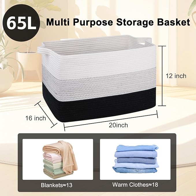 OIAHOMY Large Storage Basket, Cotton Rope Woven Blanket Basket, Toy Bin for Baby Room, Container for Blanket Storage in Living Room, 20''×16''×12'', Gradient Black