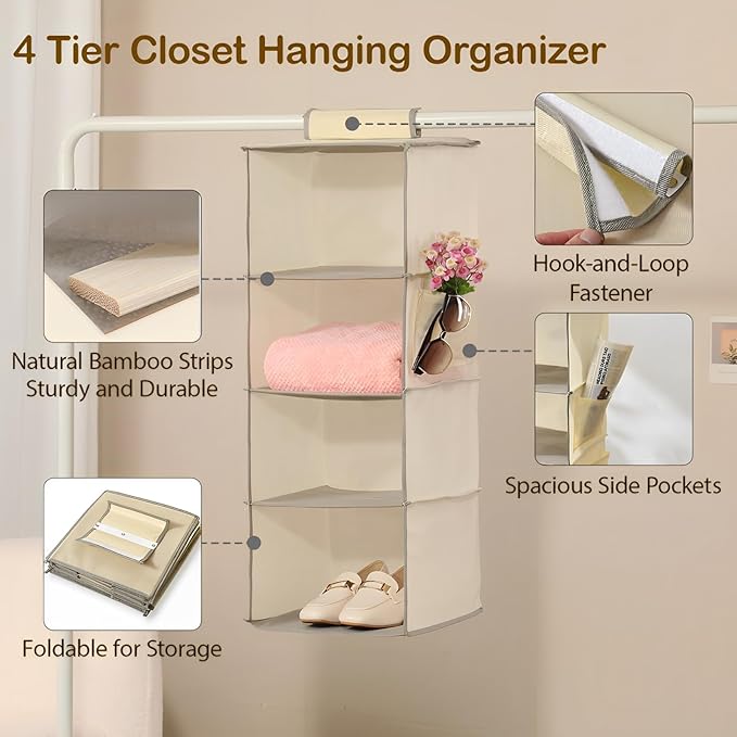 Hanging Closet Organizer 4 Tier Hanging Storage with Side Pocket, Foldable Hanging Shelves for Clothes, Laundry Room & RV Use