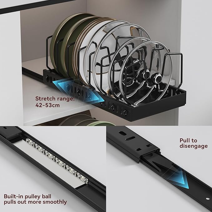 Pot Lid Organizer, Pull-out Pots and Pans Organizer, Under Cabinet Pot Lid Holder for Kitchen, Pots and Pans Storage with 8 Adjustable Dividers (Black, Sliding type)