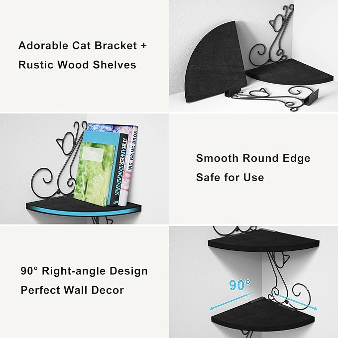 Alsonerbay Corner Shelves - Wall Mounted Floating Wood Shelf, 4 Tier Rustic Storage Shelf, Cat Shaped Shelving for Wall, Solid Wooden Decor for Living Room, Bedroom, Kitchen (Black)