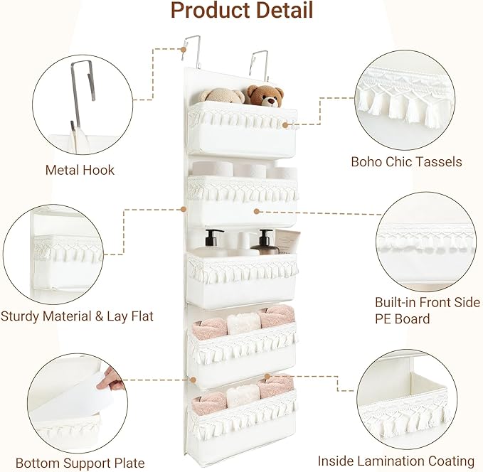 Dahey Over The Door Organizer Boho Nursery Storage Decor Closet Hanging Organizer with Tassels Decoration for Bedroom Nursery Bathroom Apartments Dorm Pantry, 5 Pockets, White