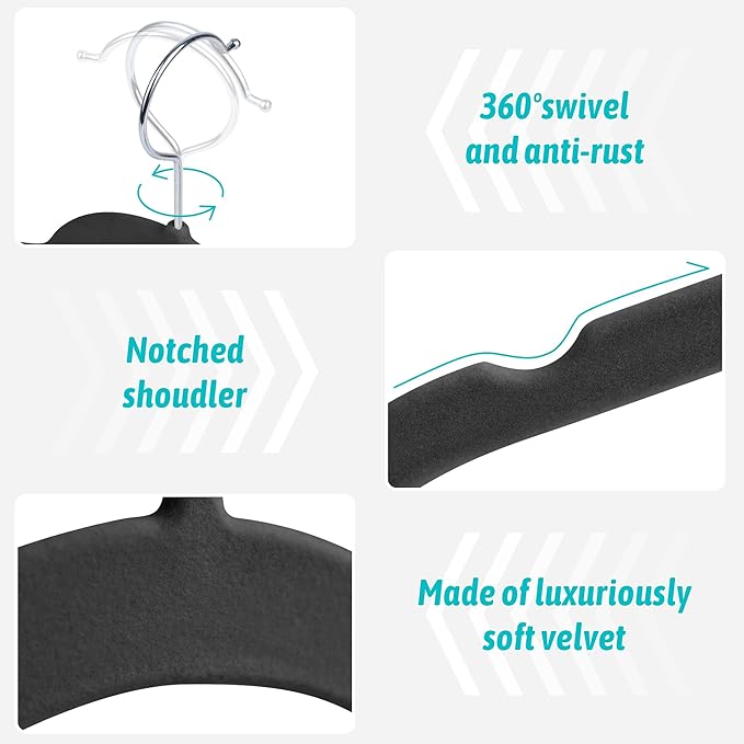 Sishynio Premium Velvet Hangers 50 Pack - Space-Saving Closet Organizer for Clothes, Non-Slip Flocked Design, Ideal for Shirts and Coats (Black)