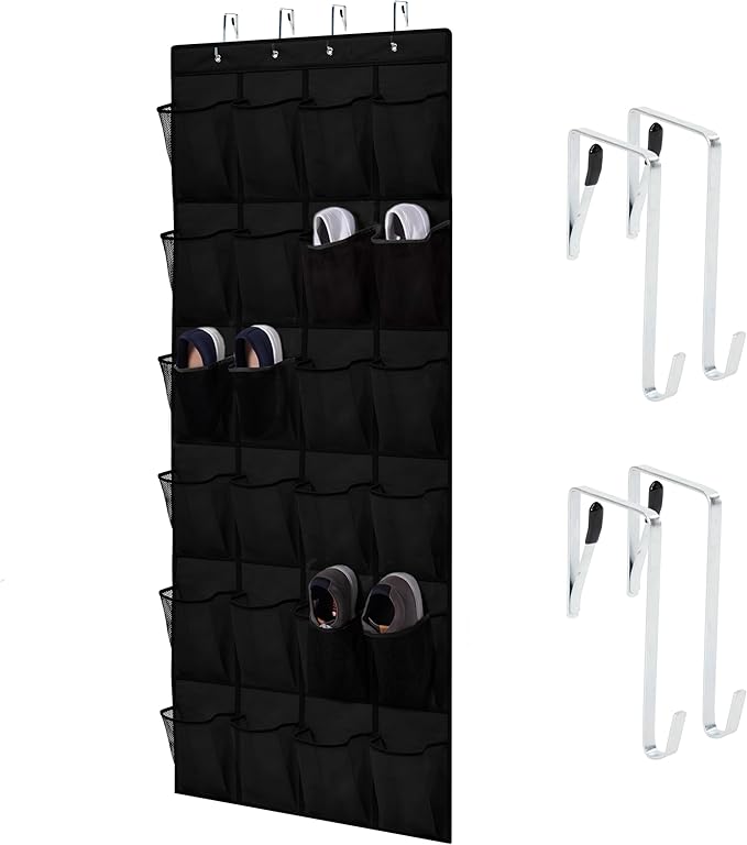 HOME GENIE Over the Door Hanging Shoe Organizer, 24 Breathable Mesh Pockets, Closet Rack Storage Holder, Stay in Place Hooks Hang on Closets, Hanger Holds Up to 40 lbs for Shoes, Accessories, Black