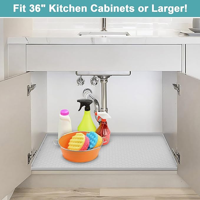 Under The Sink Mat Waterproof, Under Kitchen Sink Mat and Protector for 34" x 22" Cabinets, Under Sink Tray Organizer, Shelf Liner Cabinet Liner for Bathroom, Kitchen and Dining Room, Light Gray