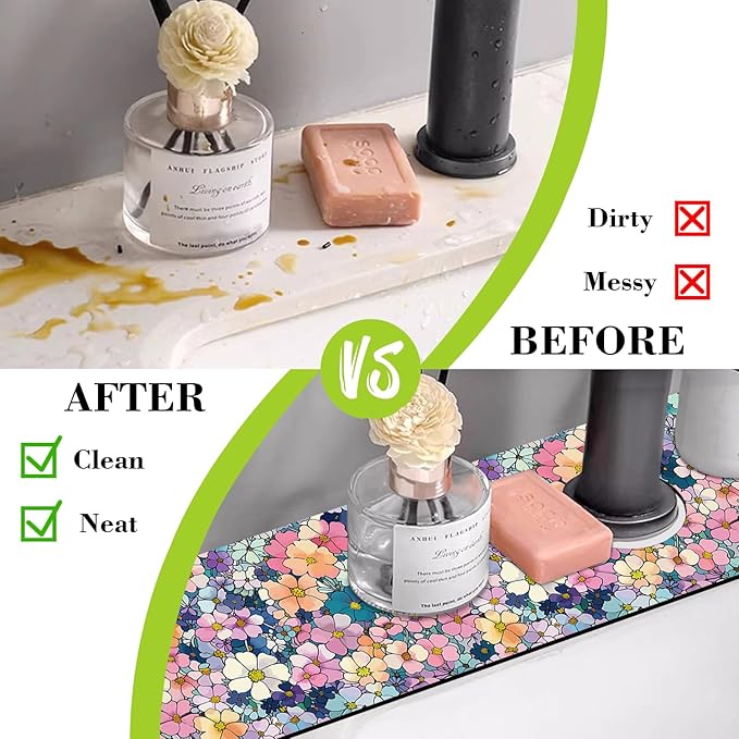 Sink Faucet Absorbing Mat Cute Flowers Sink Splash Guard Drying Mat for Kitchen Bathroom Faucet Sinkmat 23.5"X5.5"