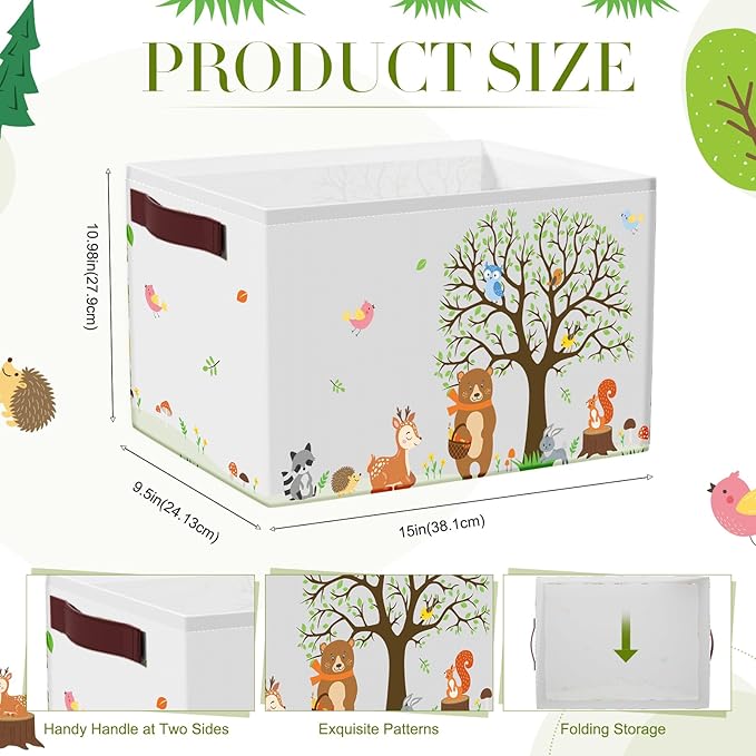 Boao 3 Pack Woodland Animals Storage Baskets for Gifts, Collapsible Large Forest Animals Storage Bins Bear Fox Raccoon Tree Foldable Empty Canvas Laundry Basket with Handle for Nursery Home Bedroom