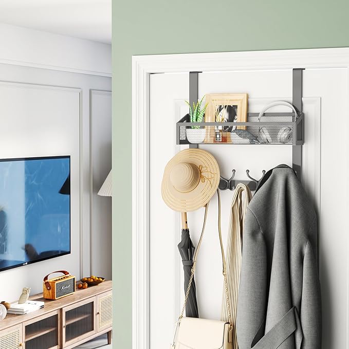 HapiRm Over The Door Hooks - Easy Installation Door Hanger with Basket and 16 Hooks, 304 Stainless Steel Storage Organizer for Towels, Coats, Bathroom, Kitchen, Dorm-Grey