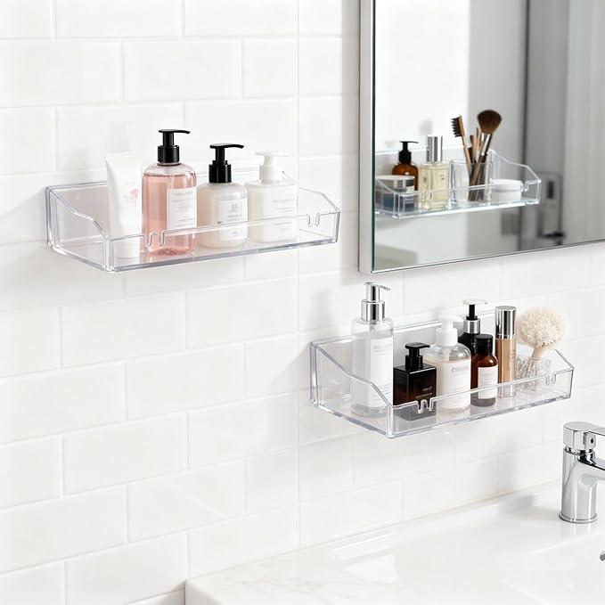 Clear Floating Shelves, Acrylic Shelves for Bathroom Organizers and Storage, Bathroom Shelf with Adhesive Shelf or Screws, Wall Mount Organizer for Shower Caddy,Room Decor, Kitchen, Living Room