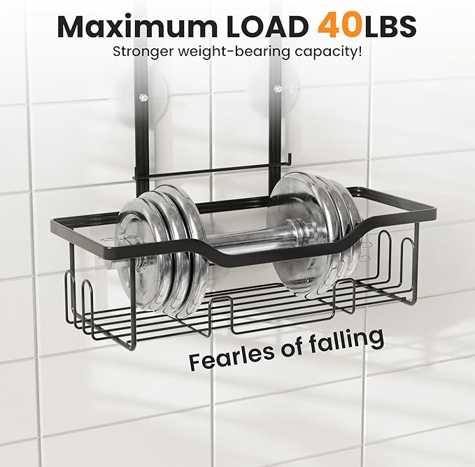Hanging Shower Caddy Over Head,2 Tier Rustproof Shower Organizer for Tall Showerhead,No Drill Bath Caddy Hanging with Soap Dish and Toothbrush Holder for Razor and Sponge,Black