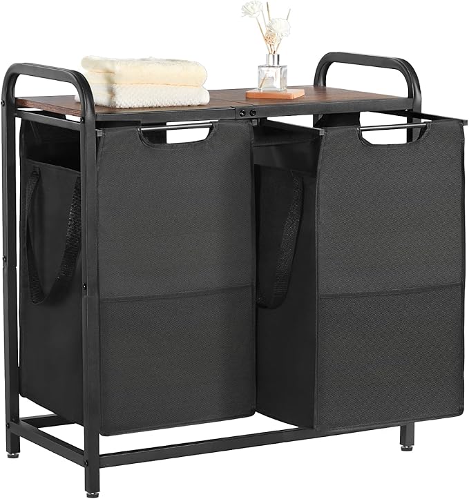 VEVOR 2 Section Laundry Sorter, Large Laundry Hamper with Metal Frame and Wooden Tabletop, Freestanding Storage Organizer Baskets with Pull-Out 600D Oxford Cloth Bags for Dirty Clothes, Bathroom