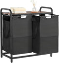 VEVOR 2 Section Laundry Sorter, Large Laundry Hamper with Metal Frame and Wooden Tabletop, Freestanding Storage Organizer Baskets with Pull-Out 600D Oxford Cloth Bags for Dirty Clothes, Bathroom
