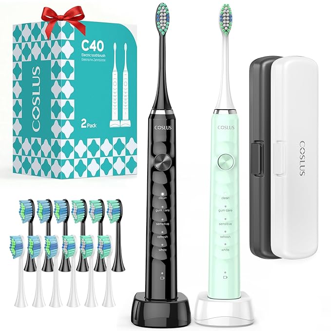 COSLUS C40 Sonic Electric Toothbrush for Adults: 47000 VPM for Deep Cleaning & Whitening with Travel Case - 5 Modes for Sensitive Teeth & Braces, Wireless Charging, 6 Brush Heads, Black & Green (2PCS)