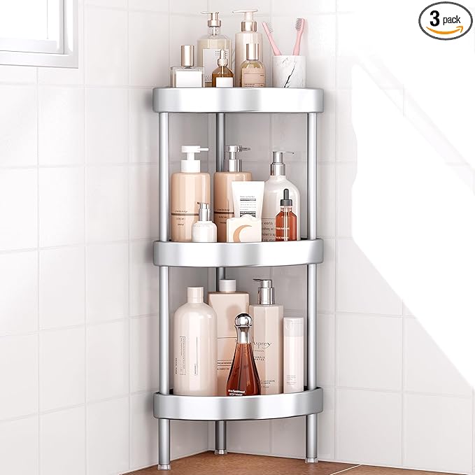 Nieifi Corner Shower Caddy Stand-3 Tier Rustproof Anodized Aluminum Standing Shower Organizer-Shower Caddy Corner-Dual Stability to Anti-Shaking-Height-Adjustable Legs for Uneven Surfaces-Silver