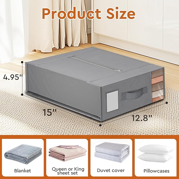 2 Pack Bed Sheet Closet Organizers and Storage,Sturdy Foldable Storage Containers with Window and Label,Storage and Organization for Bedding Sheets,Duvet Covers,Blankets (Grey)