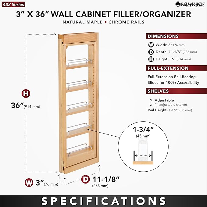Rev-A-Shelf 3" W x 36" H Pull Out Quad Shelf Organizer for Wall & Base Kitchen Cabinets, Full Extension Filler Spice Rack, Adjustable, Wood, 432-WF36-3C