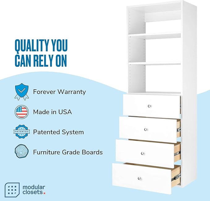 Modular Closet System Tower - With Drawers (4) - Corner Closet Organizer - White, 25.5 Inches Wide