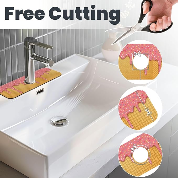 Ice Cream Waffle Cherry Flavor Yummy Summer Dessert 15" X 5.5" Kitchen Sink Splash Guard Faucet Faucet Guard Draining Mat Sink Splash Guard Faucet Kitchen Bathroom