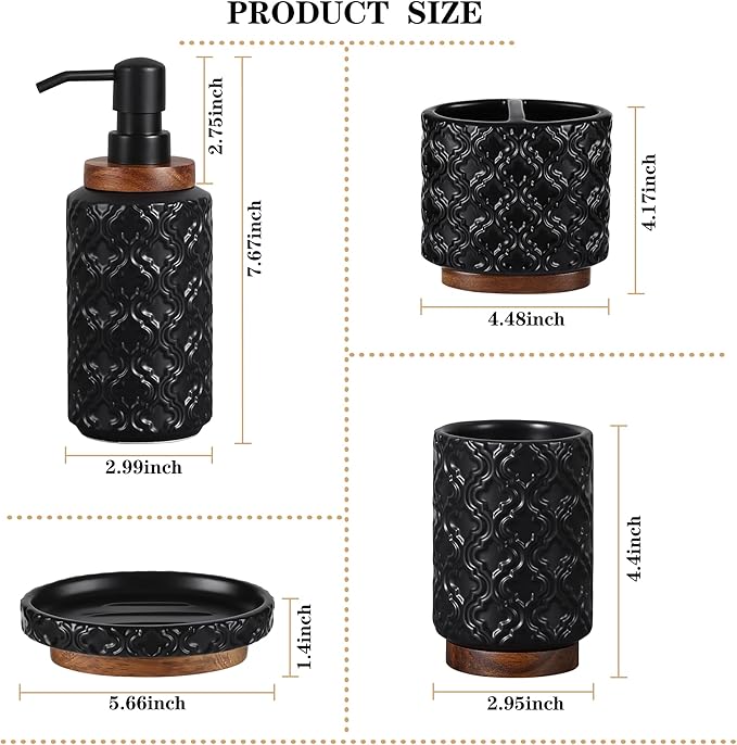 Bathroom Accessories Set 4 Pcs Toothbrush Holder Soap Dispenser Ceramic and Wood Bathroom Decor Set with Toothbrush Cup Soap Dish Tumbler Black
