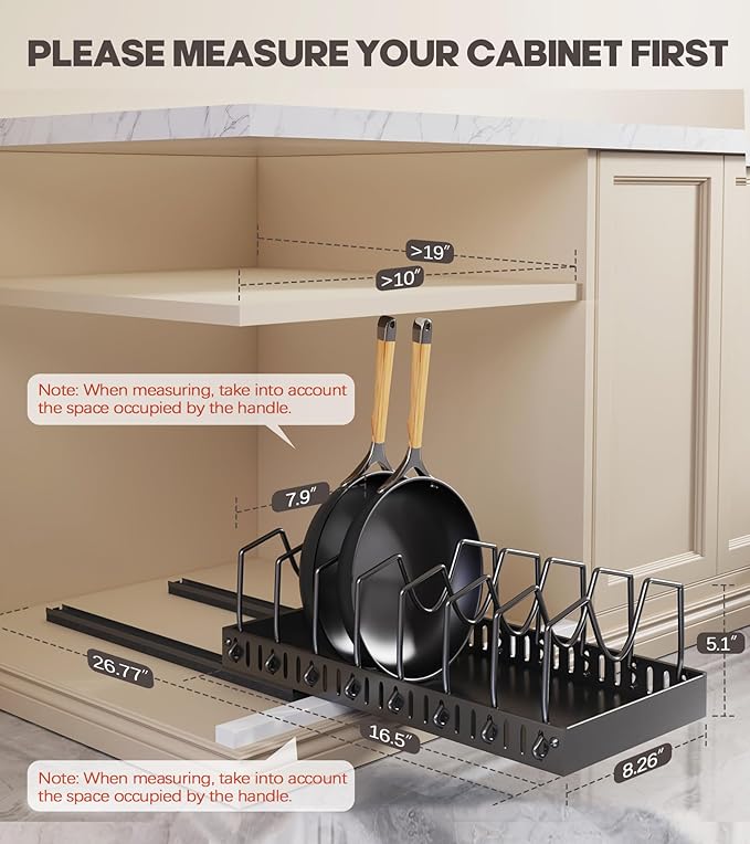 Pull Out Pots and Pans Organizer Under Cabinet, Sliding Lid Holder and Pan Rack in Kitchen, Slide Out inside Cabinet Storage for Pot Lid, Bakeware, Dishes, 8 Adjustable Dividers, 1 Pack Black
