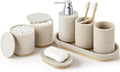 7PCS Bathroom Accessories Set, with Soap Dispenser, Q-tip Holder, Toothbrush Holder, Tumbler, Soap Dish, Vanity Tray, Complete Bathroom Accessory Set Organizer Countertop for Modern Home Decor, Beige