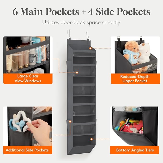 Lifewit 1 Pack Over the Door Organizer, Clear Window Hanging Storage with 4 Mesh Side Pockets, Anti Tilt 40 lbs Load Behind Door for Pantry, Nursery, Bathroom, Bedroom, Dorm, 6 Section, Gray