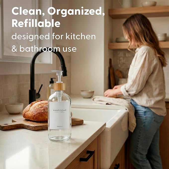 MaisoNovo Glass Hand Soap Dispenser | Dish Soap Dispenser for Kitchen | 16.9oz Clear Bottles with White Bamboo Pump | Bathroom Lotion Dispenser