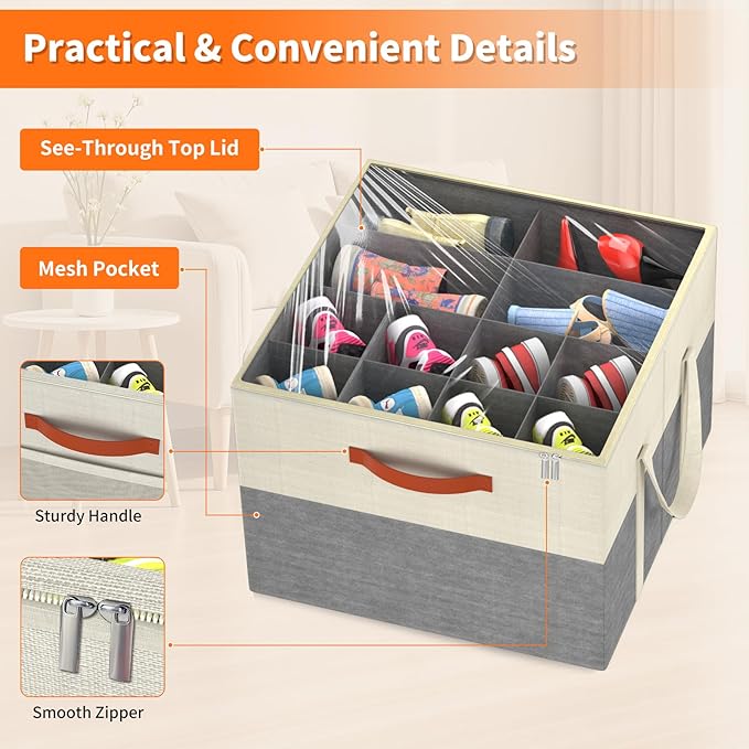 Aokeyee 2 Pack Shoe Organizer for Closet, Foldable Shoe Storage Organizer Box w/Clear Cover and Reinforced Handles, Space Saving Shoes Bin Fits up to 32 Pairs, Beige and Grey