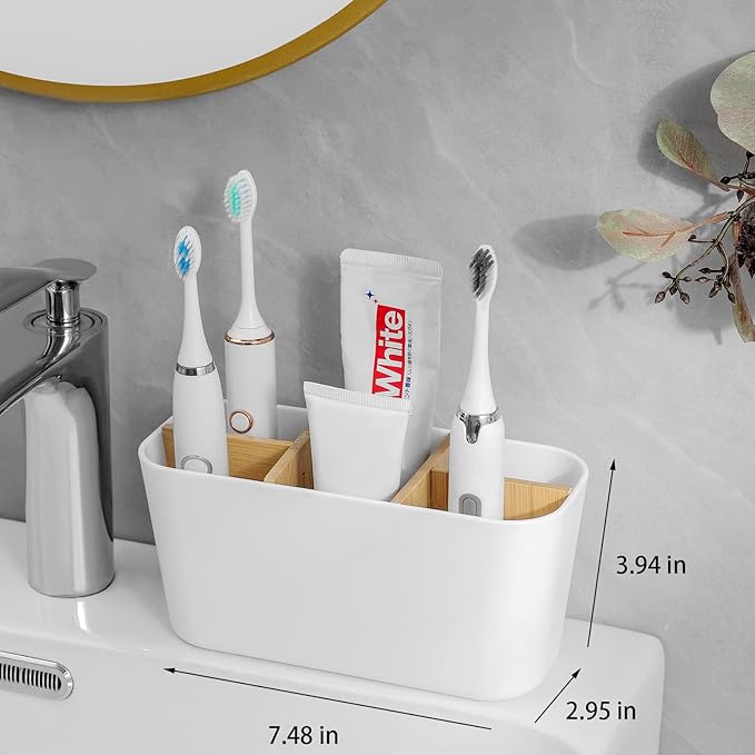 Toothbrush Holders for Bathrooms, Bamboo Tooth Brush Holder with 5 Slots Bathroom Vanity Organizer Countertop for Electric Toothbrushes, Toothpaste, Razors - White