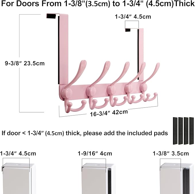 Dseap Over Door Hook 2.0 - Upgraded Version - Simple-Assembly, Strong, Heavy-Duty Stainless Steel 5-Tri-Hook Over The Door Hanger Rack, SimpleStrong Series, Pink