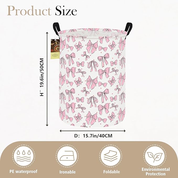 HUNRUNG Laundry Hamper,Large Canvas Fabric Lightweight Storage Basket Toy Organizer Dirty Clothes Collapsible Waterproof for College Dorms（Round-Pink Bow）