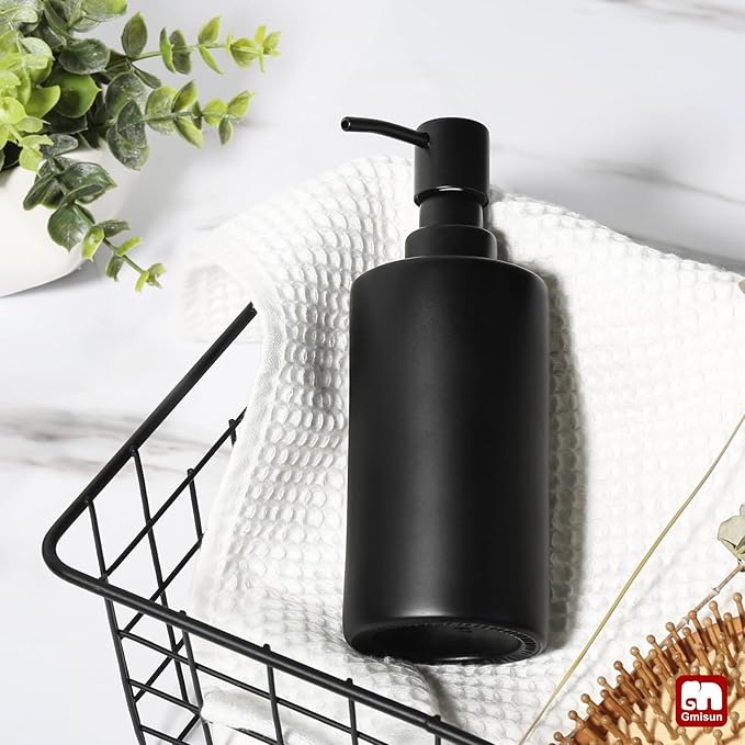 GMISUN Black Soap Dispenser, Hand Soap Dispenser for Bathroom, Dish Dispenser for Kitchen, 12 fl oz/350ml Glass Soap Bottle with Stainless Steel Pump, Modern Refillable Liquid Lotion Dispenser