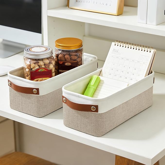 Small Fabric Storage Baskets, 15x6x5 inch Narrow Storage Bins 4-Pack Long Storage Basket for Organizing with Handles, Decorative Basket for Closets, Shelves, Toilet Paper, Beige