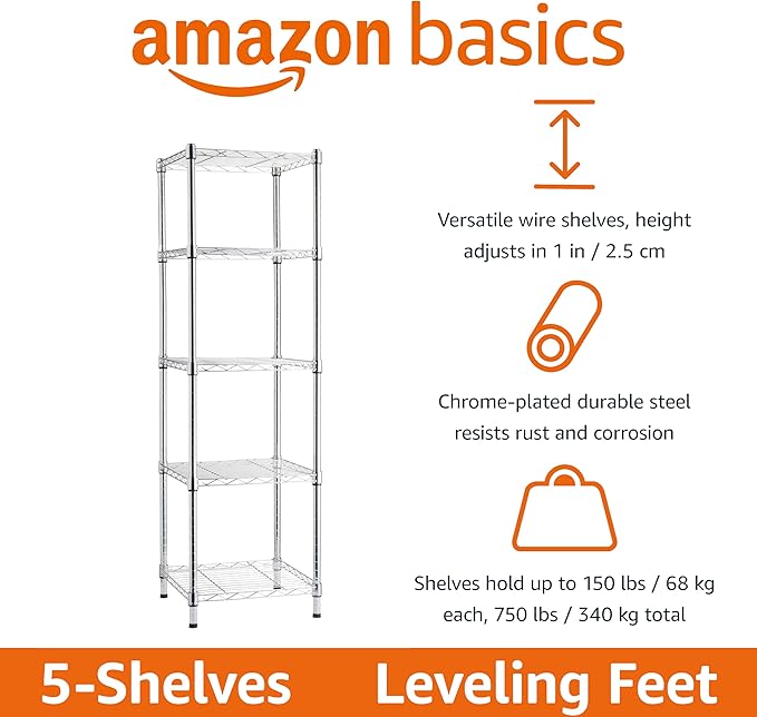 Amazon Basics 5-Shelf Storage Shelving Unit, Chrome, 16 D x 16 W x 54 H in | Tower, Adjustable