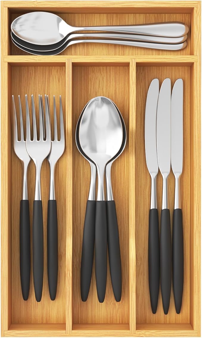 Lifewit Silverware Drawer Organizer, Utensil Tray for Kitchen, Flatware and Cutlery Holder, Storage for Spoons Forks Knives, 6.7 x 12", Natural