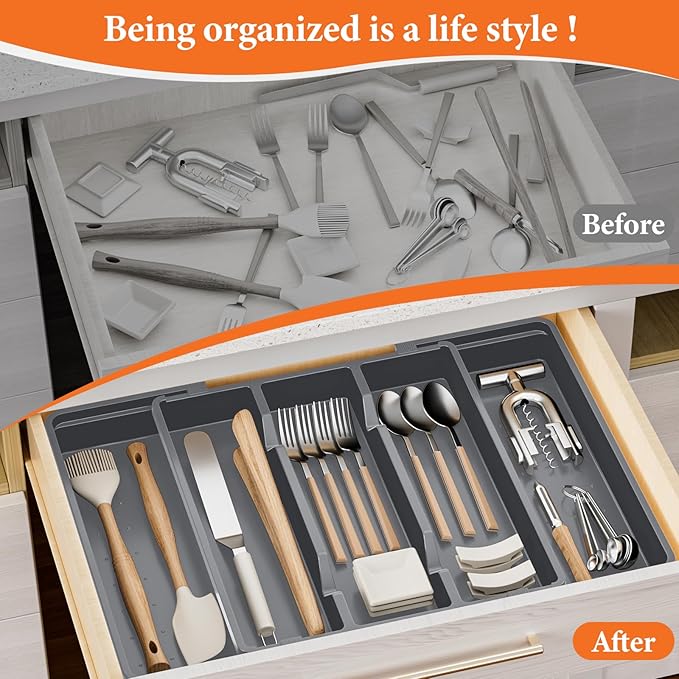 Silverware Organizer, Expandable Utensil Drawer Organizer for Kitchen Drawers, Kitchen Drawer Organizer for Spoons/Forks/Knives, Multipurpose & BPA Free Cutlery Tray, Grey, 1 Pack