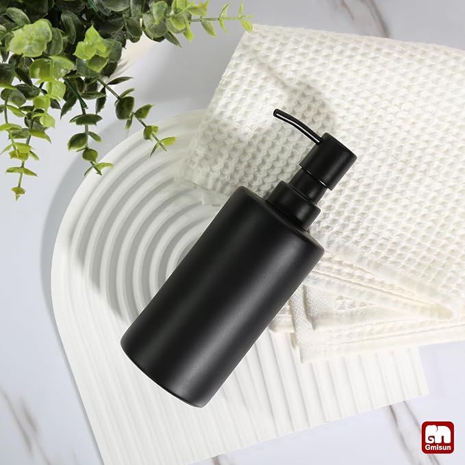 GMISUN Black Soap Dispenser, Hand Soap Dispenser for Bathroom, Dish Dispenser for Kitchen, 12 fl oz/350ml Glass Soap Bottle with Stainless Steel Pump, Modern Refillable Liquid Lotion Dispenser