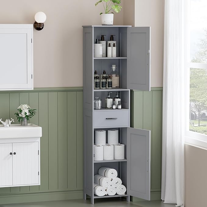 Homhedy 67" H Tall Bathroom Storage Cabinet with 2 Barn Doors and 1 Drawer, Narrow Storage Unit, Adjustable Shelves, Floor Cabinet for Bathroom, Living Room, Entryway, Kitchen, Gray, (15.7" W)