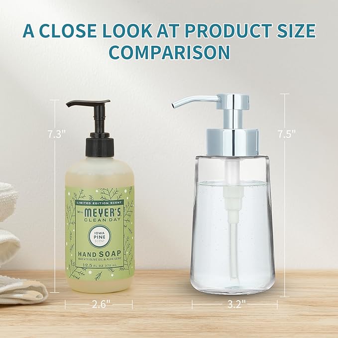 Doiliese Soap Dispenser, Clear Glass Soap Dispenser with Rust Proof Pump, 16oz Liquid Soap Pump with Waterproof Labels, Dish & Hand Soap for Bathroom, Kitchen, Chrome Pump, Pack of 2