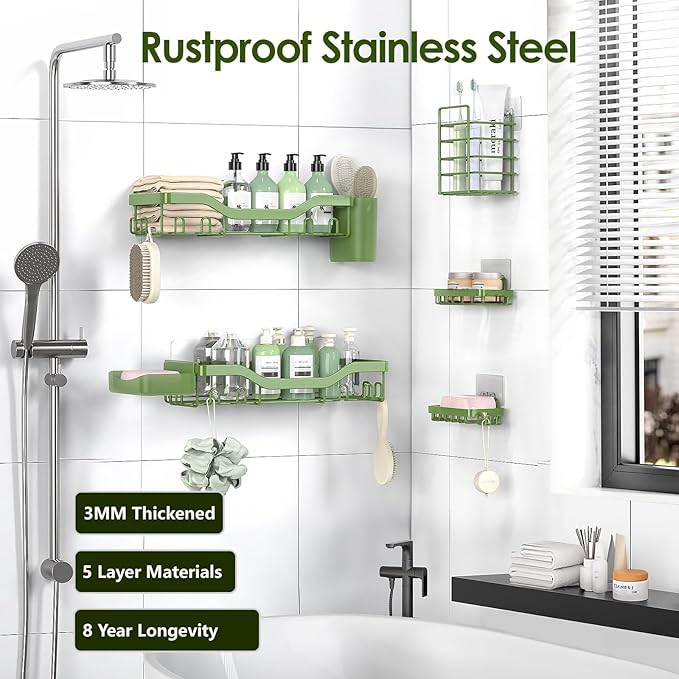 Shower Caddy Adhesive Shower Organizer 7-Pack, Rustproof Stainless Steel Bathroom Shelves, Large Capacity No-Drill Rack Storage Accessories with Soap Dish Toothbrush Holder Hooks