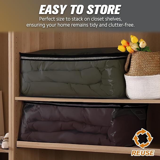 HIBAG 20 Gallon Large Storage Bag for Clothes, Zipper Clothing Storage Bag Organizer with Handles, for Comforters Blankets Pillows Bedding (Black, 2 Pack)