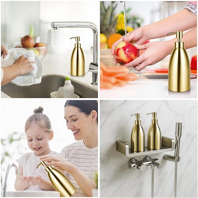304 Stainless Steel Soap Dispenser 16oz Rust-Proof Liquid Soap Pump Bottle for Kitchen or Bathroom Countertop Hand Dish Lotion Leak-Proof (Matte Gold)