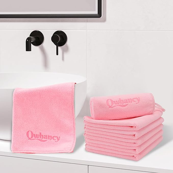Microfiber Makeup Remover Cloth Face Towels Makeup Pads Soft Fingertip Face Wash Cloth Reusable Machine Washable High‑Absorbency Quick‑Dry Cleansing Facial Towels 12 × 12 in 6 Pack——Light Pink