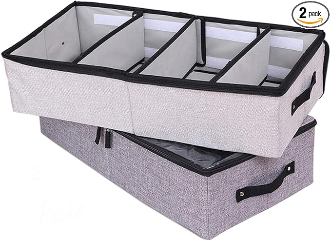 AARAINBOW 2 Packs Foldable Under Bed Clothes Organizer with Lids, Underbed Storage Container with Adjustable Dividers, UnderBed Storage Bins with Handles and Clear Window (Gray+Light Gray)