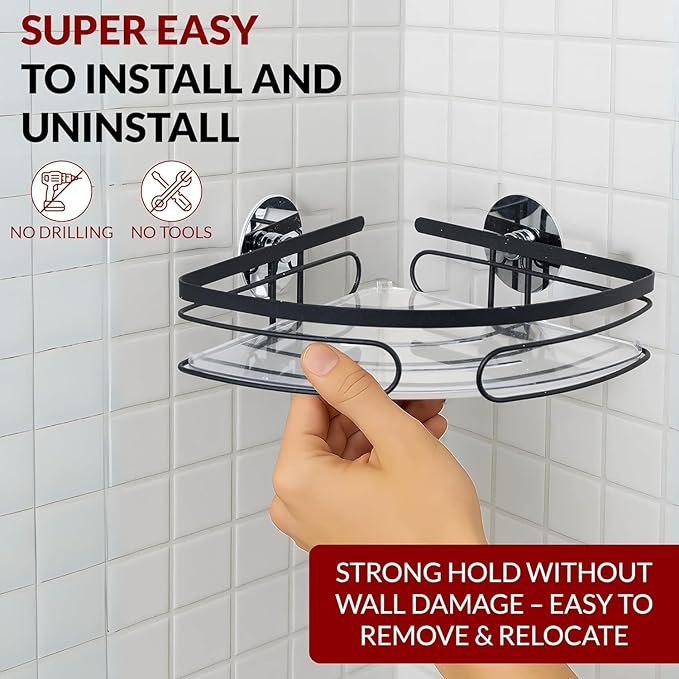 2-Pack Adhesive Corner Shower Caddy - Rustproof Bathroom Organizer with Strong Adhesives (Triangle, Black)