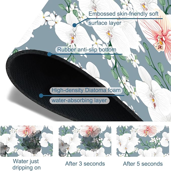 Colorful Wildflowers Kitchen Sink Splash Guard Faucet Mat White Orchid Super Absorbent Fast Drying Mat Sink Splash Guard Behind Faucet for Kitchen Bathroom, 15.5"x5.5"
