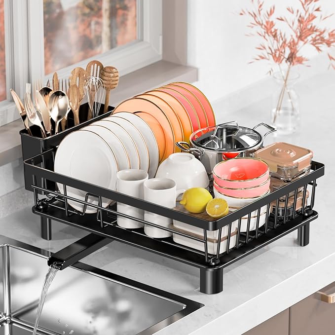Dish Drying Rack, Stainless Steel Drainer Rack with Drainboard with Smart Drainage System, Space Saving Dish Strainer for Kitchen Counter with Cutlery Holder, Black