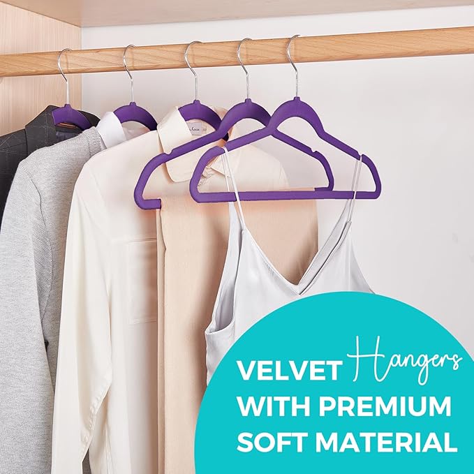 HOUSE DAY Premium Velvet Hangers 50 Pack, Non-Slip Flocked Felt Hangers, Sturdy Clothes Hanger with 360° Rotatable Hook, Heavy Duty Durable Slim Coat Hanger for Closet Space Saving (Noble-Purple)
